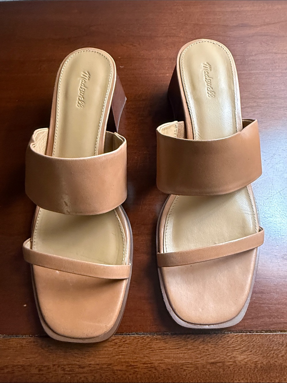 Madewell Cognac Leather Double-Strap Block Heel Mules